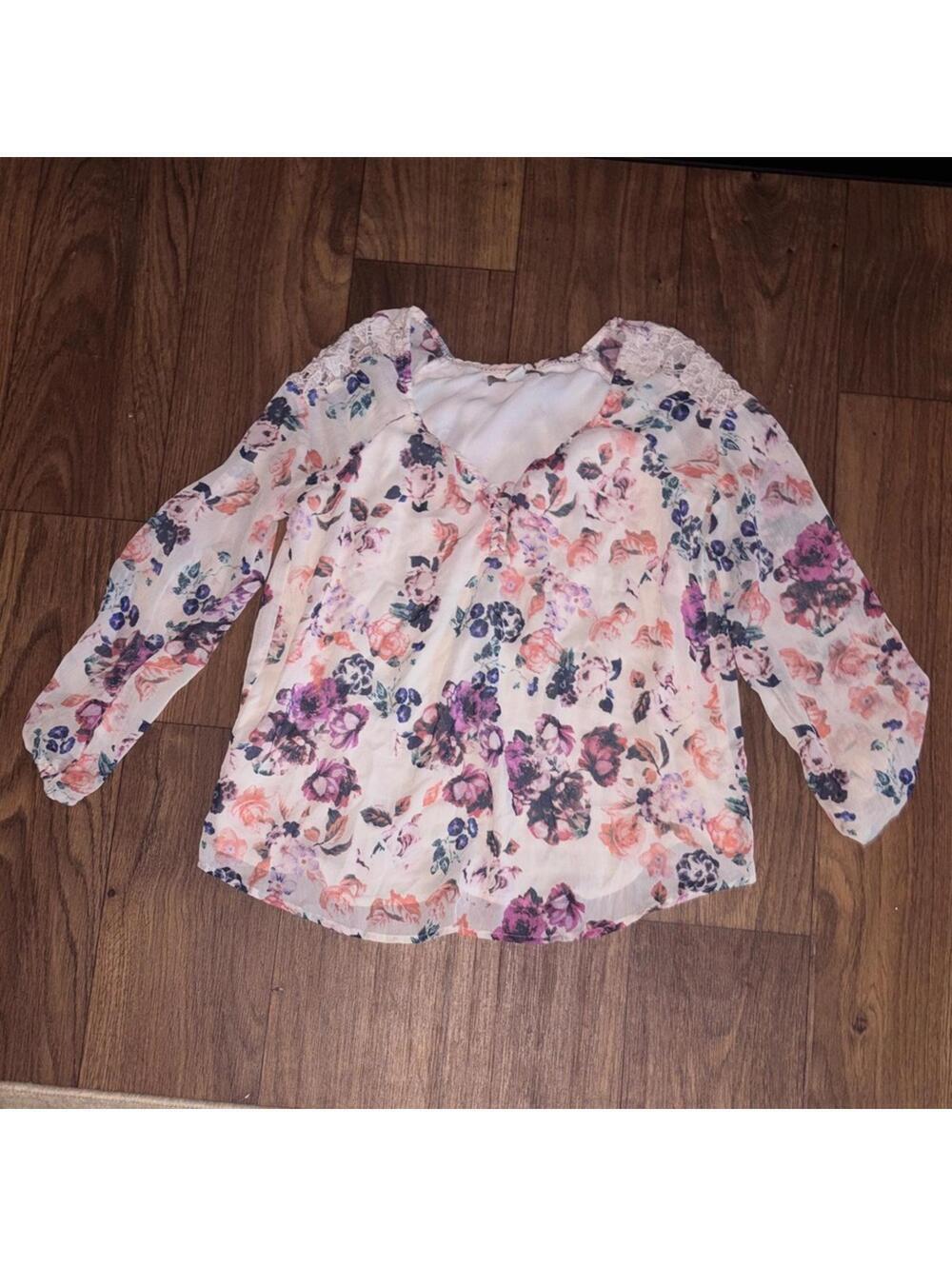 Vintage America Blues Floral Peasant Blouse Pink, Purple, Peach Cottage Prairie